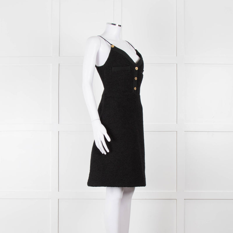 Louis Vuitton Black Boucle Strappy Dress with Gold Button Detail