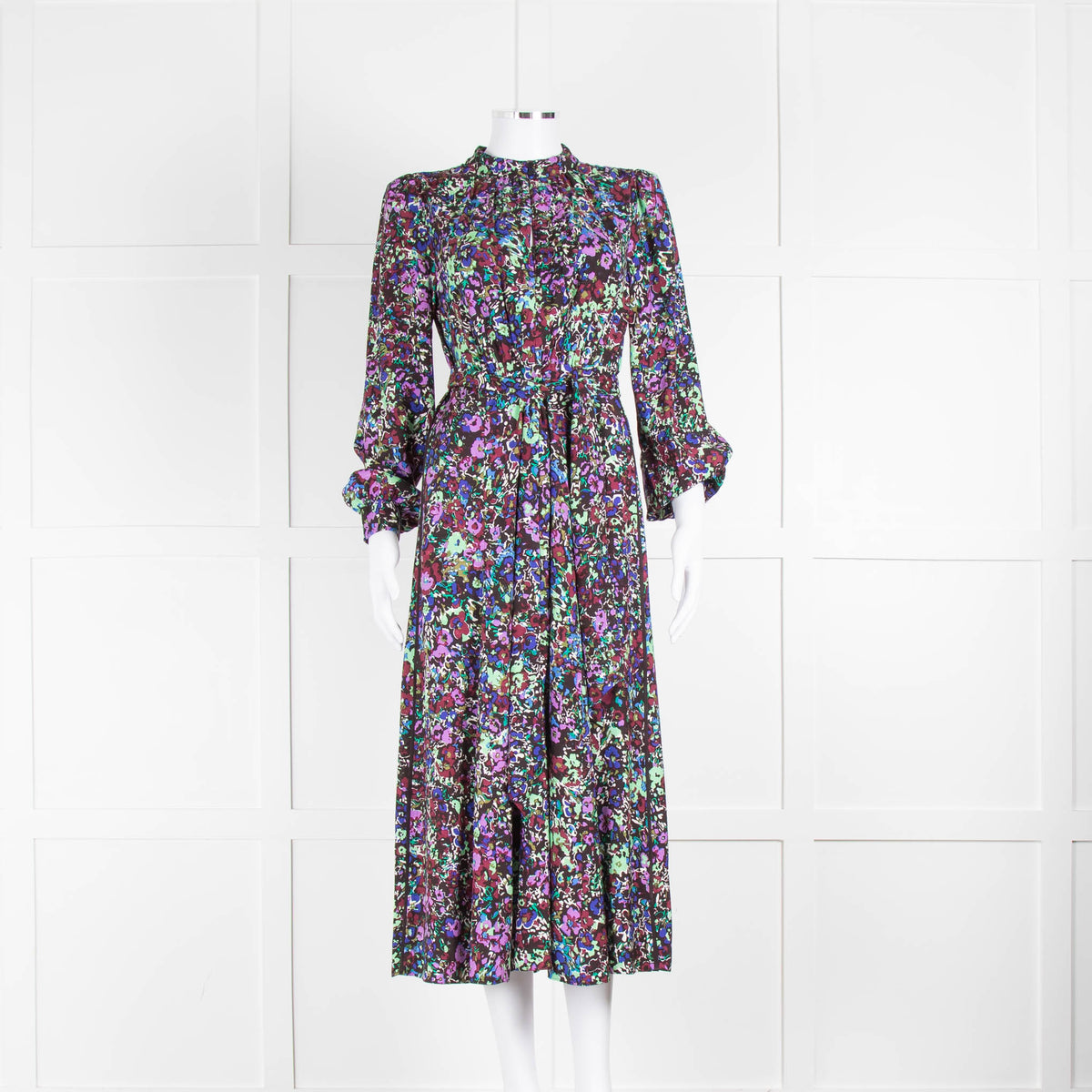 Me + Em Black Purple Floral Long Sleeve Belted Midi Dress