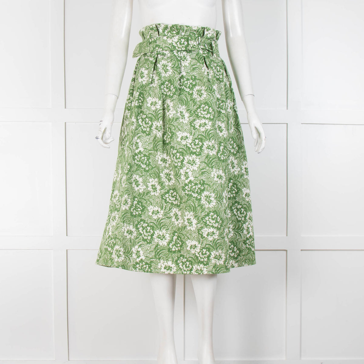 Shrimps Green White Floral Pleated Cotton Skirt