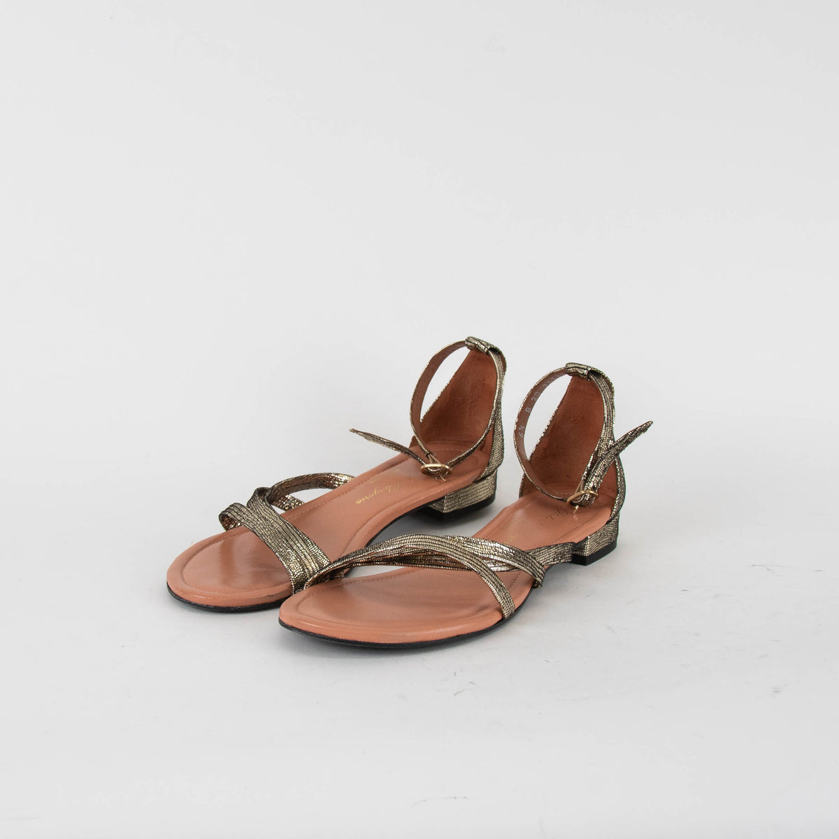 Robert Clergerie Bronze Metallic Flat Ankle Strap Sandals