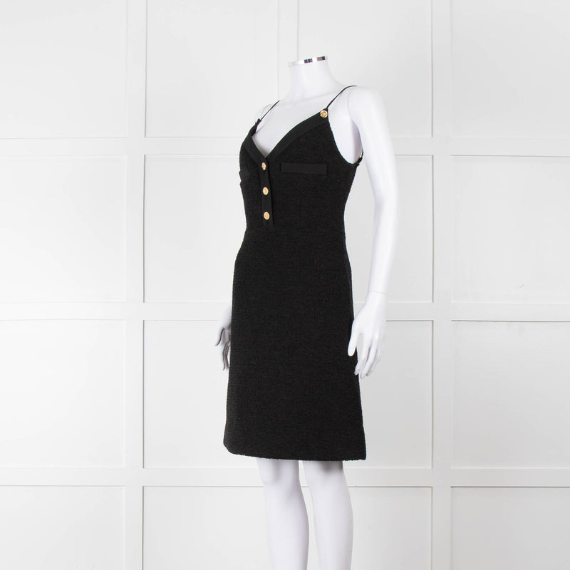 Louis Vuitton Black Boucle Strappy Dress with Gold Button Detail
