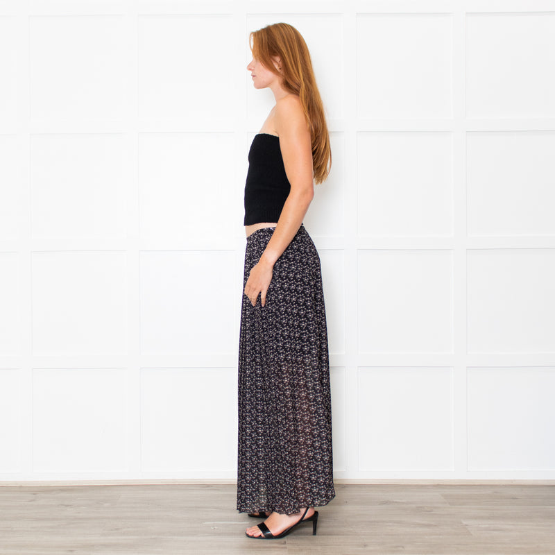 See By Chloe Black White Ditzy Floral Pleated Maxi Skirt