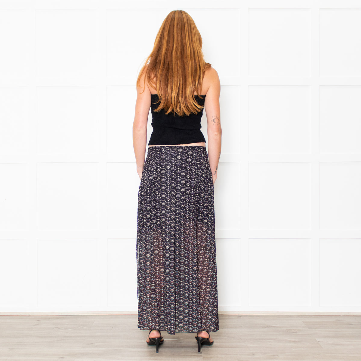 See By Chloe Black White Ditzy Floral Pleated Maxi Skirt