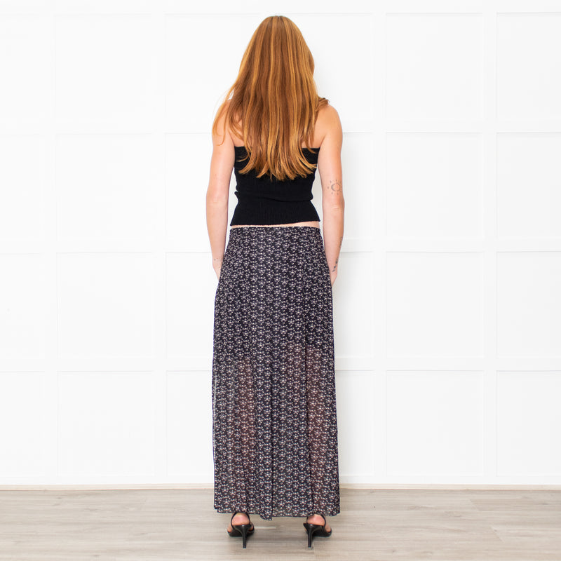 See By Chloe Black White Ditzy Floral Pleated Maxi Skirt
