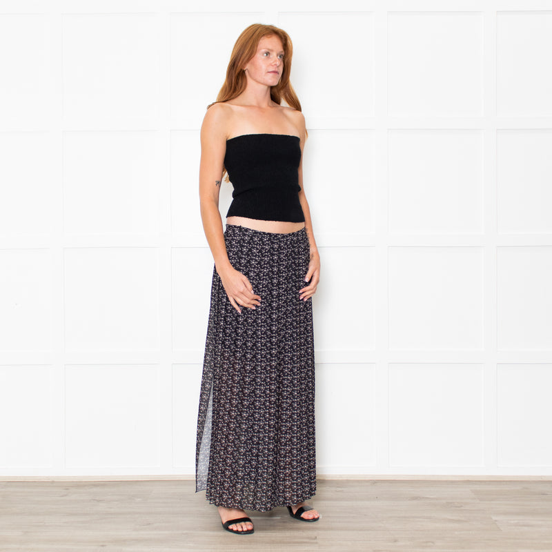 See By Chloe Black White Ditzy Floral Pleated Maxi Skirt