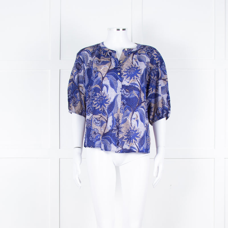 Velvet Blue Brown Floral Short Sleeve Fine Cotton Top