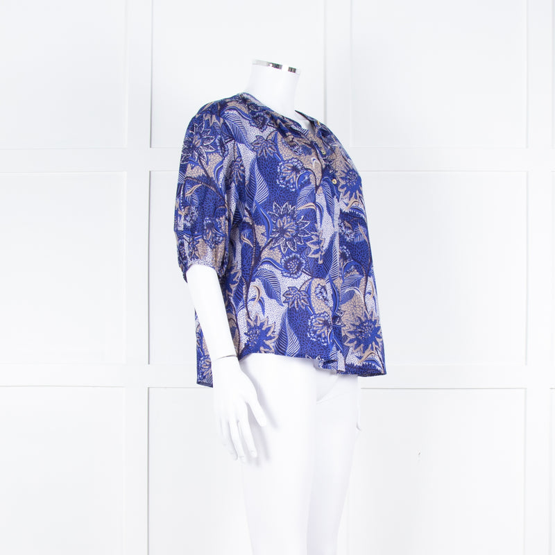 Velvet Blue Brown Floral Short Sleeve Fine Cotton Top