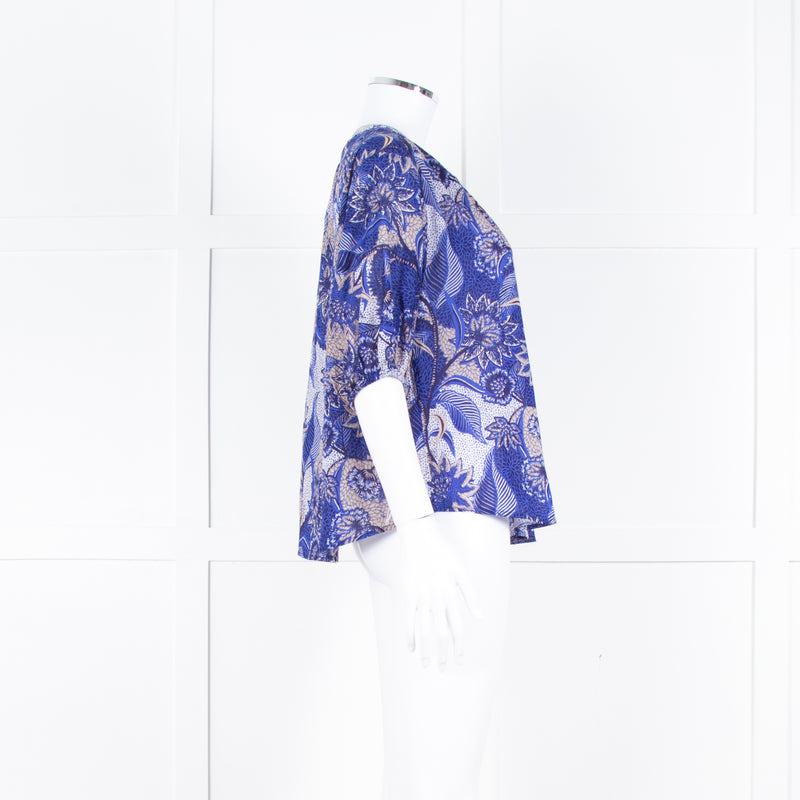 Velvet Blue Brown Floral Short Sleeve Fine Cotton Top