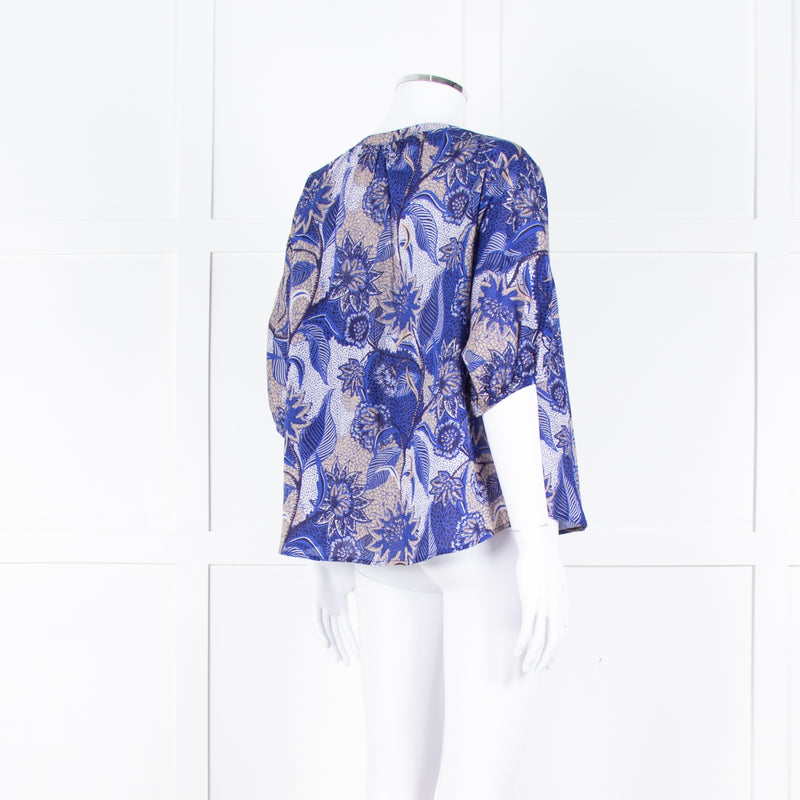 Velvet Blue Brown Floral Short Sleeve Fine Cotton Top