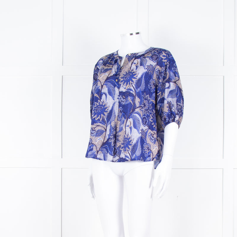 Velvet Blue Brown Floral Short Sleeve Fine Cotton Top