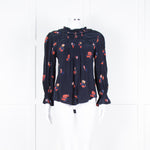 Ba&sh Navy Orange Floral Pleated Detail Long Sleeve Top