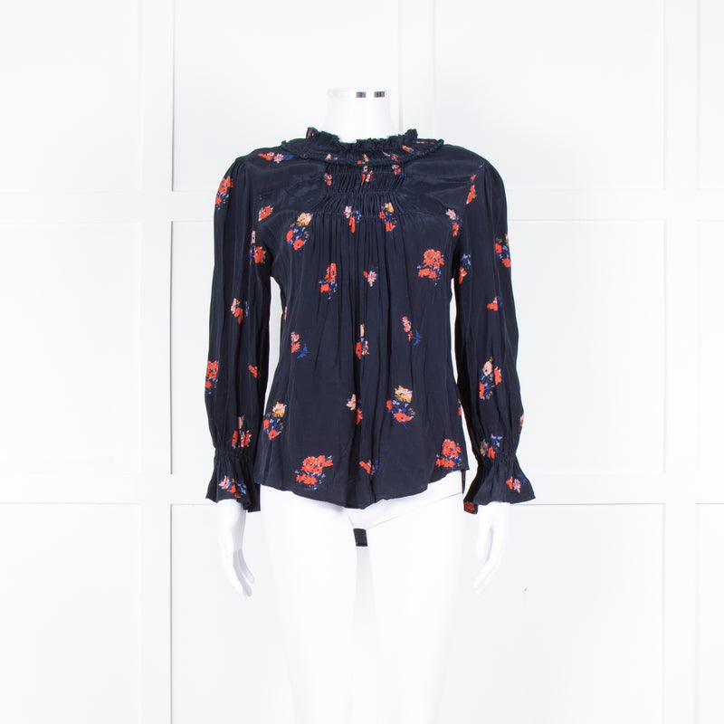 Ba&sh Navy Orange Floral Pleated Detail Long Sleeve Top