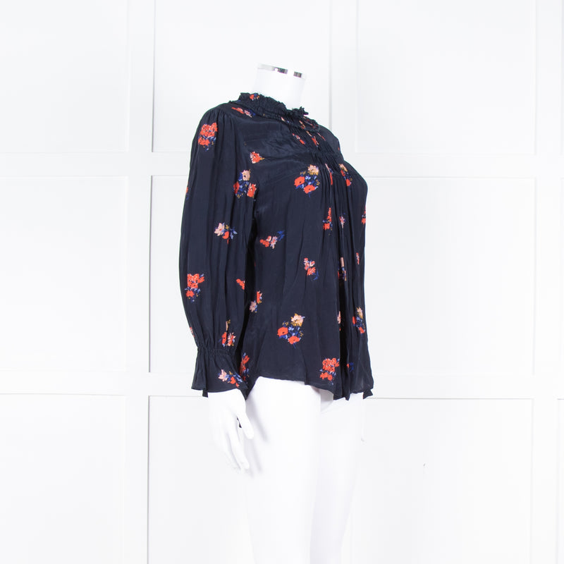 Ba&sh Navy Orange Floral Pleated Detail Long Sleeve Top
