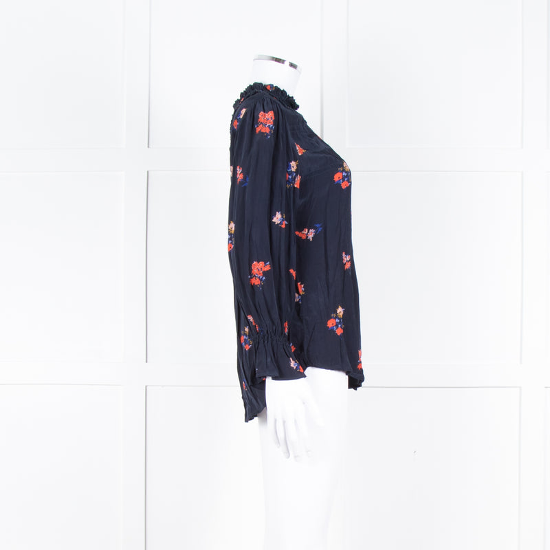 Ba&sh Navy Orange Floral Pleated Detail Long Sleeve Top