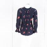 Ba&sh Navy Orange Floral Pleated Detail Long Sleeve Top