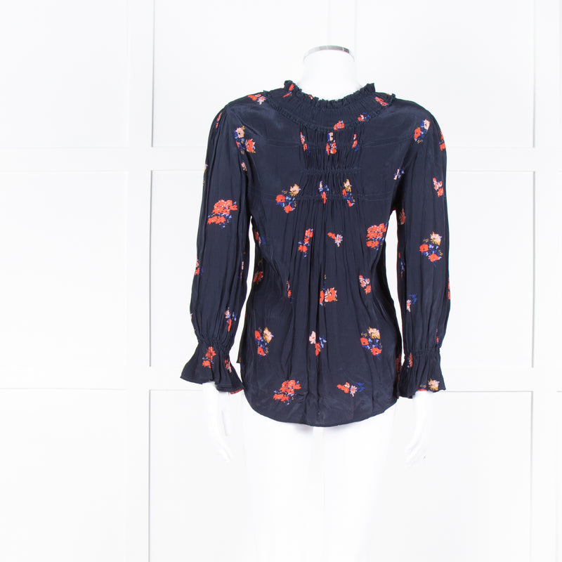 Ba&sh Navy Orange Floral Pleated Detail Long Sleeve Top