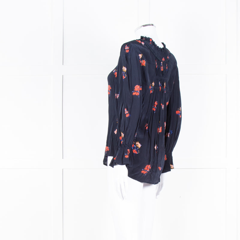 Ba&sh Navy Orange Floral Pleated Detail Long Sleeve Top