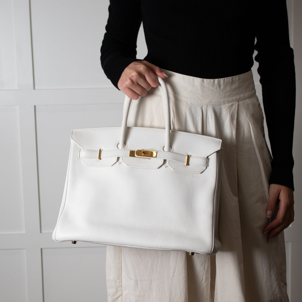 Hermes White 35 Birkin Togo Leather Bag