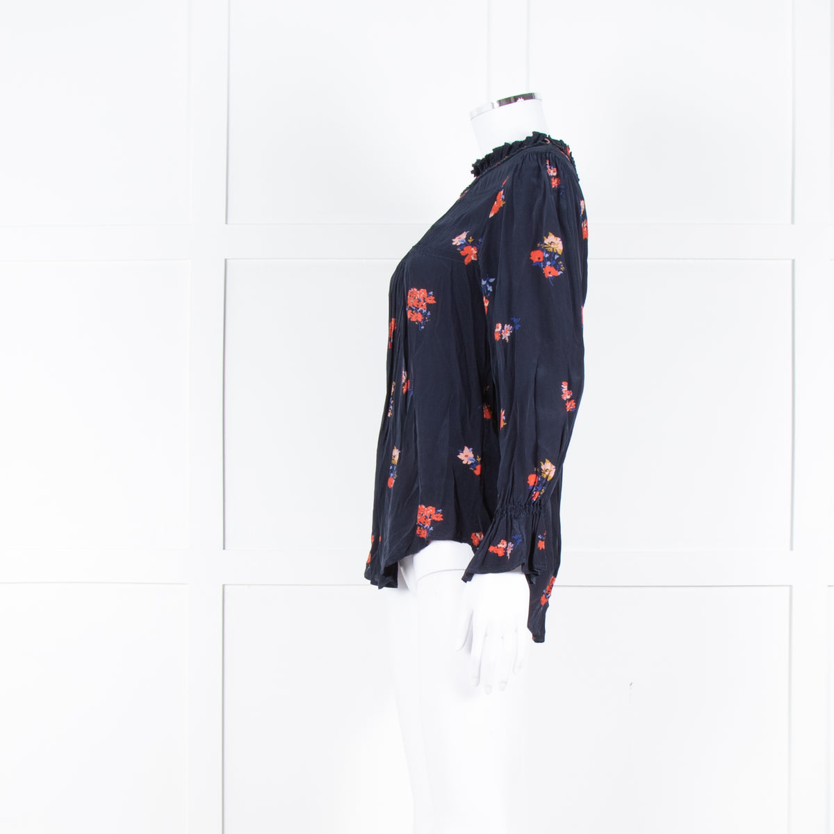 Ba&sh Navy Orange Floral Pleated Detail Long Sleeve Top