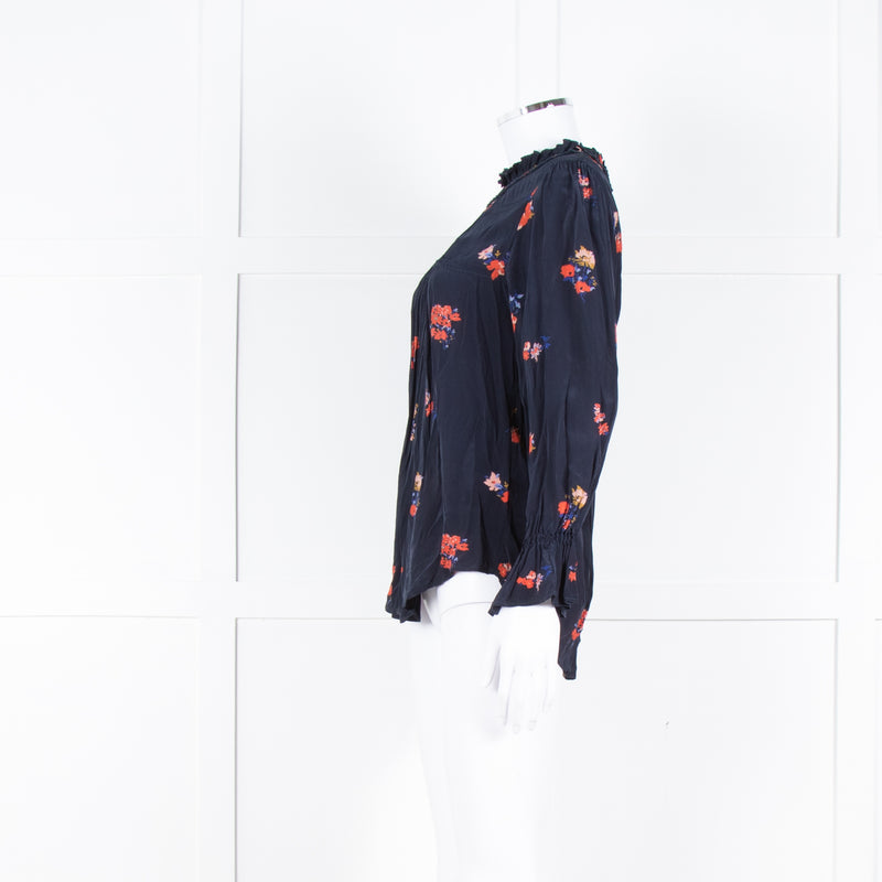 Ba&sh Navy Orange Floral Pleated Detail Long Sleeve Top