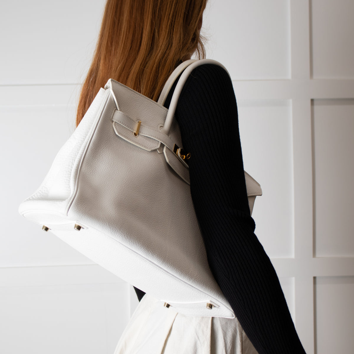 Hermes White 35 Birkin Togo Leather Bag