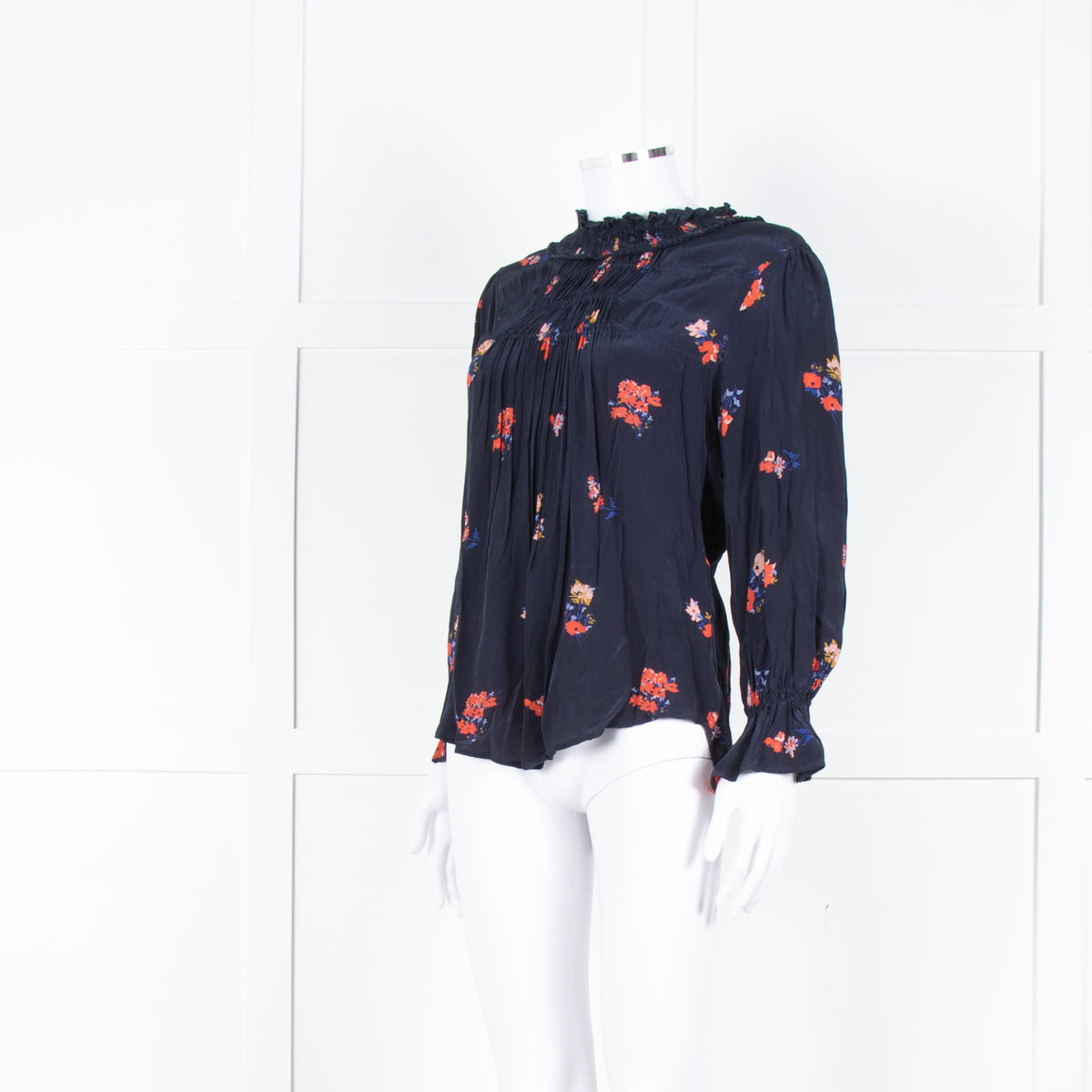 Ba&sh Navy Orange Floral Pleated Detail Long Sleeve Top
