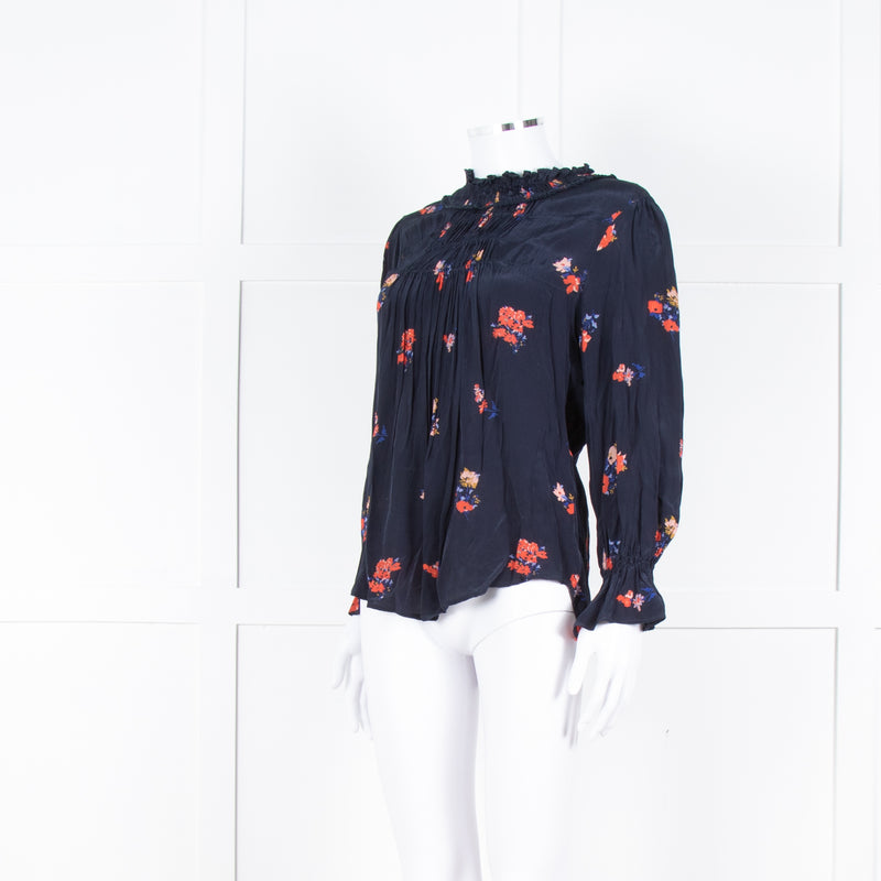 Ba&sh Navy Orange Floral Pleated Detail Long Sleeve Top