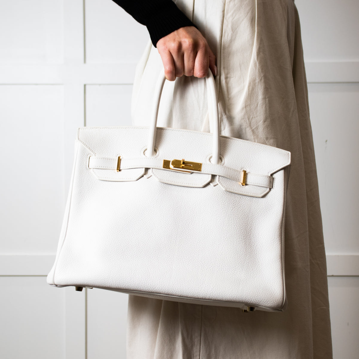 Hermes White 35 Birkin Togo Leather Bag