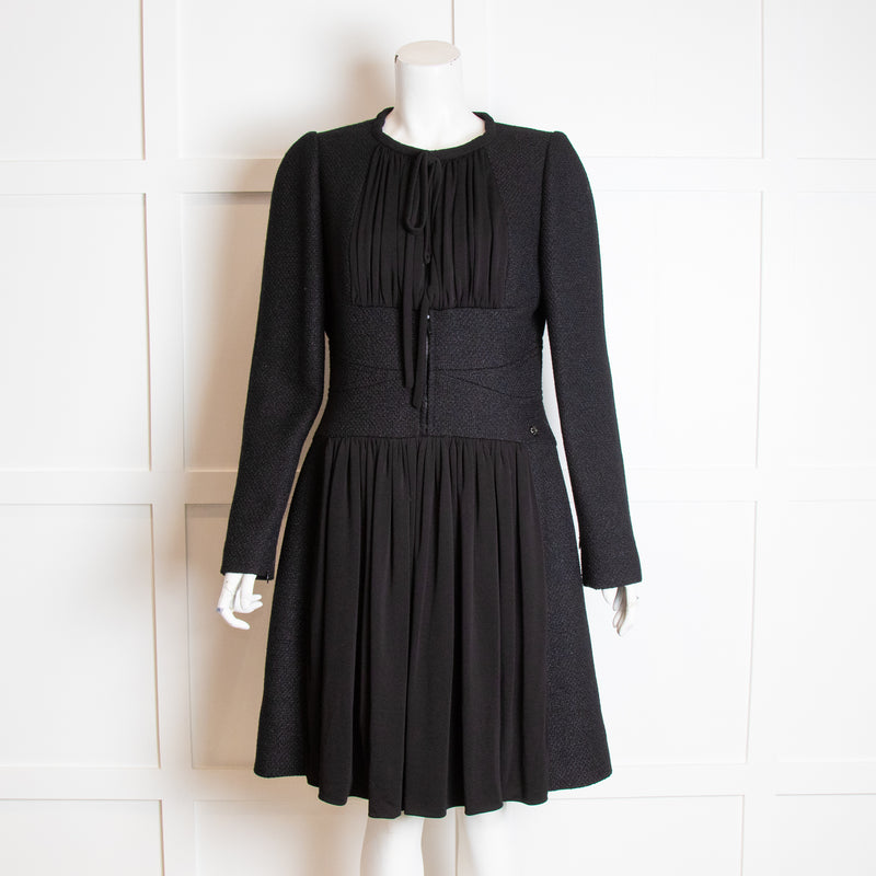 Chanel Black Wool Jersey Silk Insert Zip Detail Dress