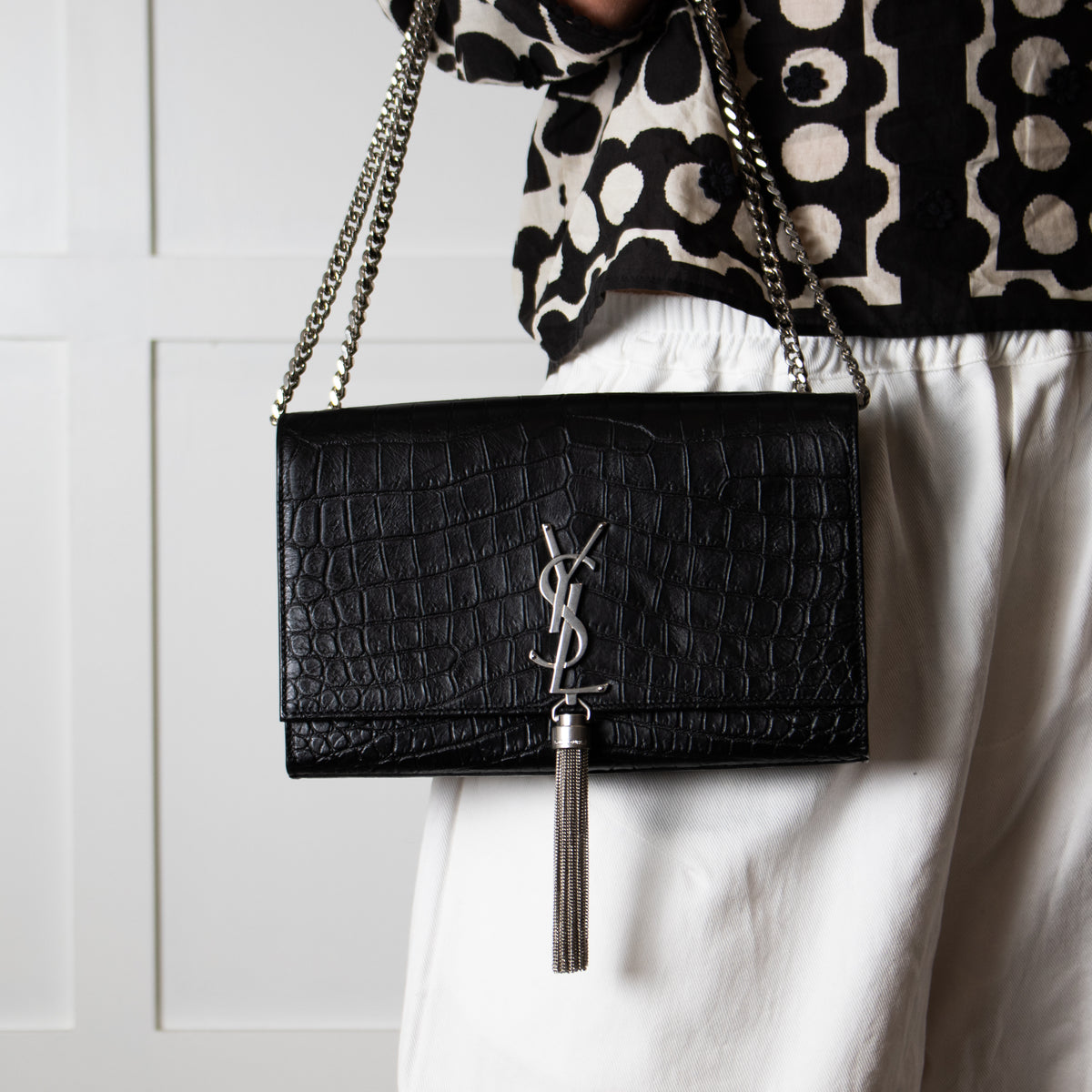 Saint Laurent Kate Medium Tassel Croc Embossed Crossbody Bag Silver