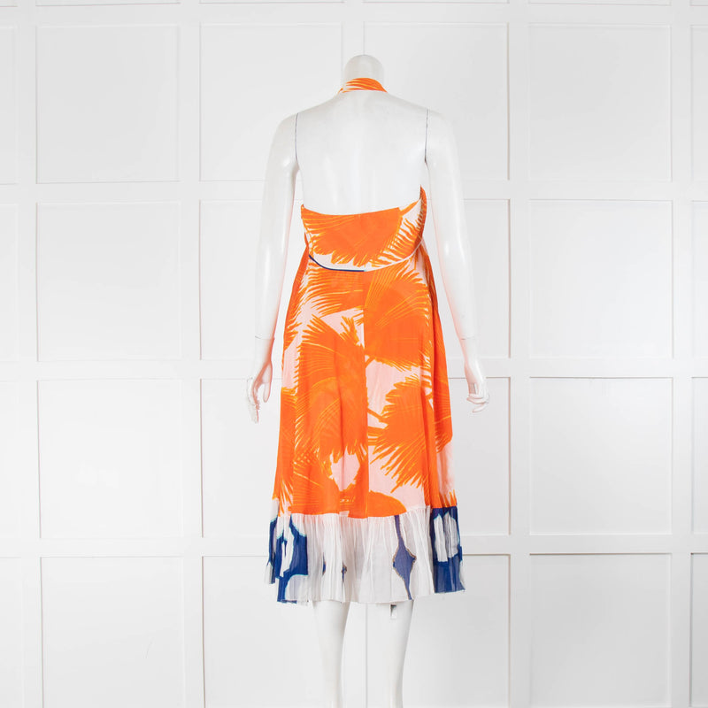DVF White Orange Floral Halter Neck Cotton Midi Dress