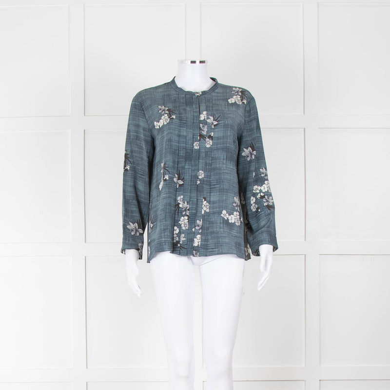 S Max Mara Blue Cream Flower Print Silk Blouse