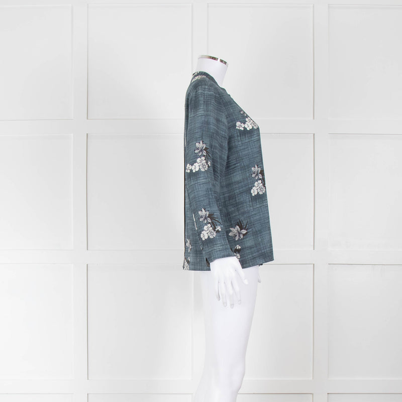 S Max Mara Blue Cream Flower Print Silk Blouse