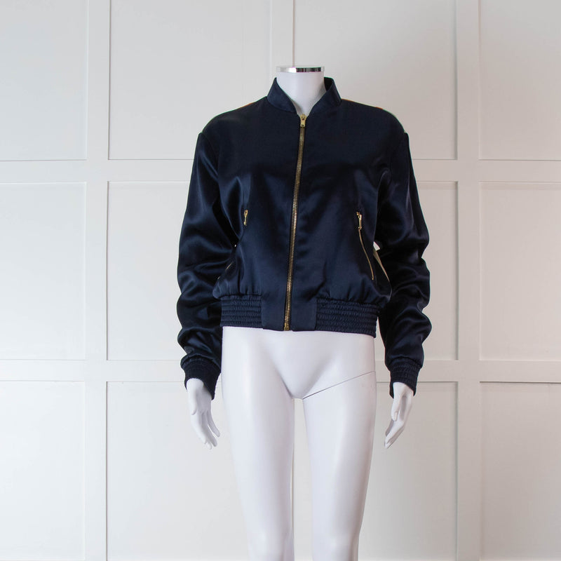 Mulberry Navy Silk Bomber Jacket with Orange, Purple and Beige Patterned Back