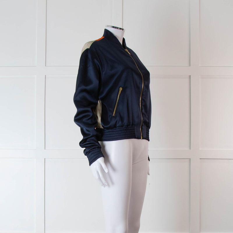Mulberry Navy Silk Bomber Jacket with Orange, Purple and Beige Patterned Back