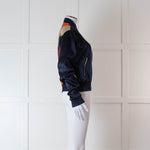 Mulberry Navy Silk Bomber Jacket with Orange, Purple and Beige Patterned Back