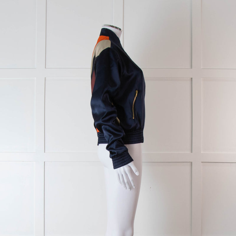 Mulberry Navy Silk Bomber Jacket with Orange, Purple and Beige Patterned Back