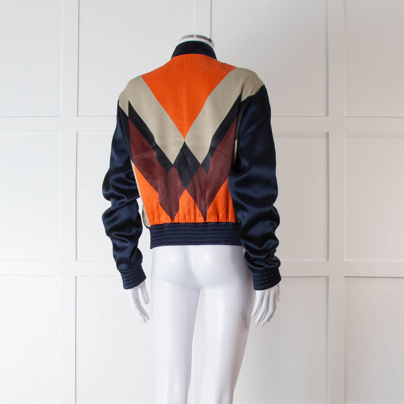 Mulberry Navy Silk Bomber Jacket with Orange, Purple and Beige Patterned Back