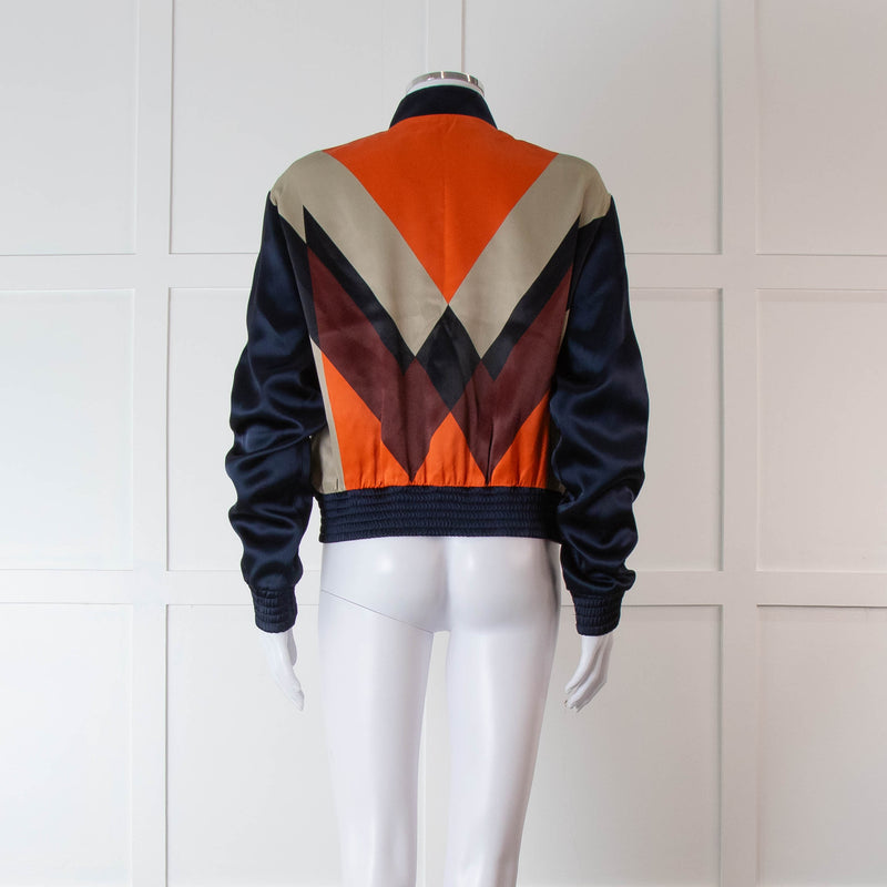 Mulberry Navy Silk Bomber Jacket with Orange, Purple and Beige Patterned Back