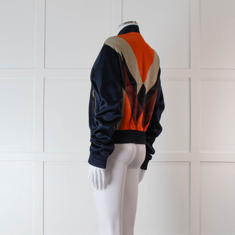 Mulberry Navy Silk Bomber Jacket with Orange, Purple and Beige Patterned Back