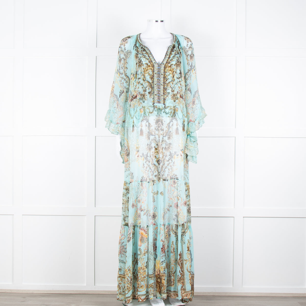 Camilla Pale Mint Green Gold Brown Floral Print Beaded Silk Dress