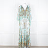 Camilla Pale Mint Green Gold Brown Floral Print Beaded Silk Dress
