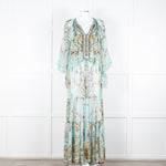 Camilla Pale Mint Green Gold Brown Floral Print Beaded Silk Dress