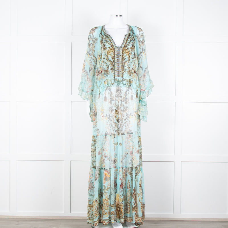 Camilla Pale Mint Green Gold Brown Floral Print Beaded Silk Dress
