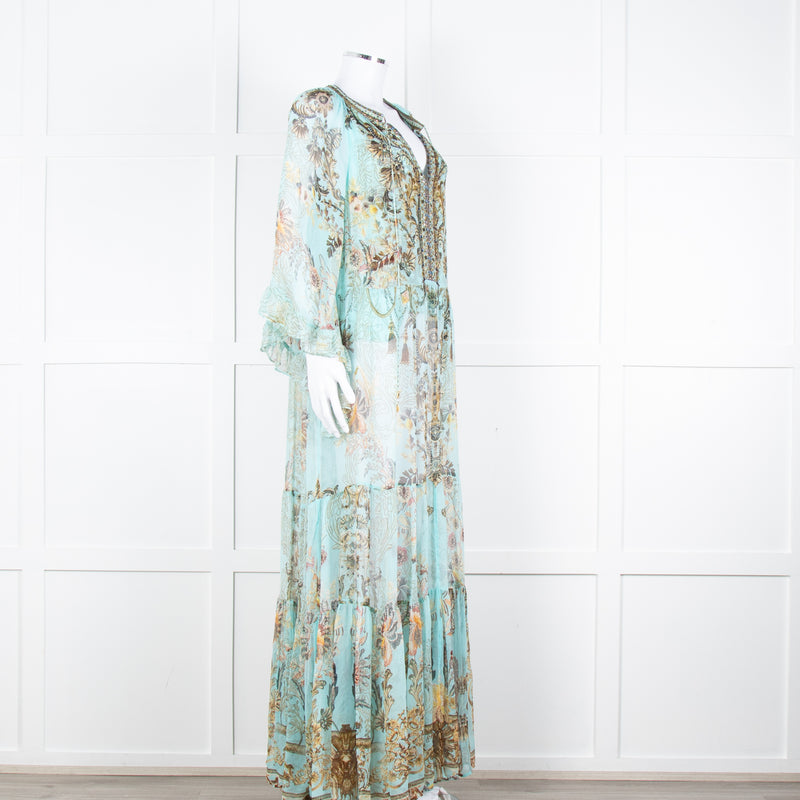 Camilla Pale Mint Green Gold Brown Floral Print Beaded Silk Dress