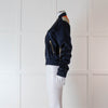 Mulberry Navy Silk Bomber Jacket with Orange, Purple and Beige Patterned Back