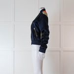 Mulberry Navy Silk Bomber Jacket with Orange, Purple and Beige Patterned Back