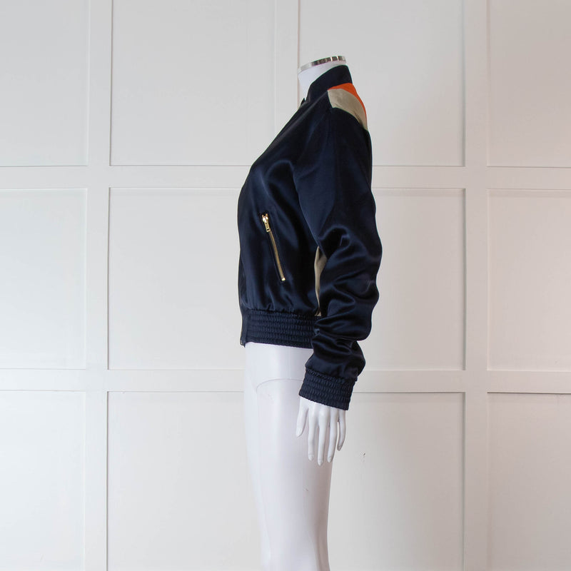 Mulberry Navy Silk Bomber Jacket with Orange, Purple and Beige Patterned Back
