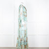 Camilla Pale Mint Green Gold Brown Floral Print Beaded Silk Dress