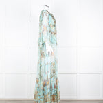 Camilla Pale Mint Green Gold Brown Floral Print Beaded Silk Dress